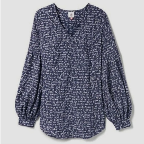 Cabi Tunic Top Womens Large Blue Script Print V-neck Relaxed Breezy Lightweight - Picture 5 of 11